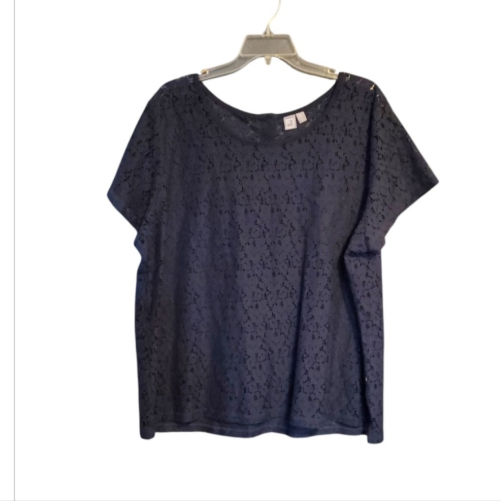 JCPENNEY Plus SZ 3X Navy Blue Lace Floral Top Blouse Granny Chic Romantic Twee